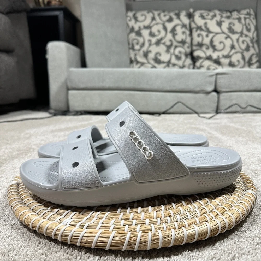 Crocs Men’s Classic Smiley Sandal Slip On Slippers Two Straps in Light Gray 11